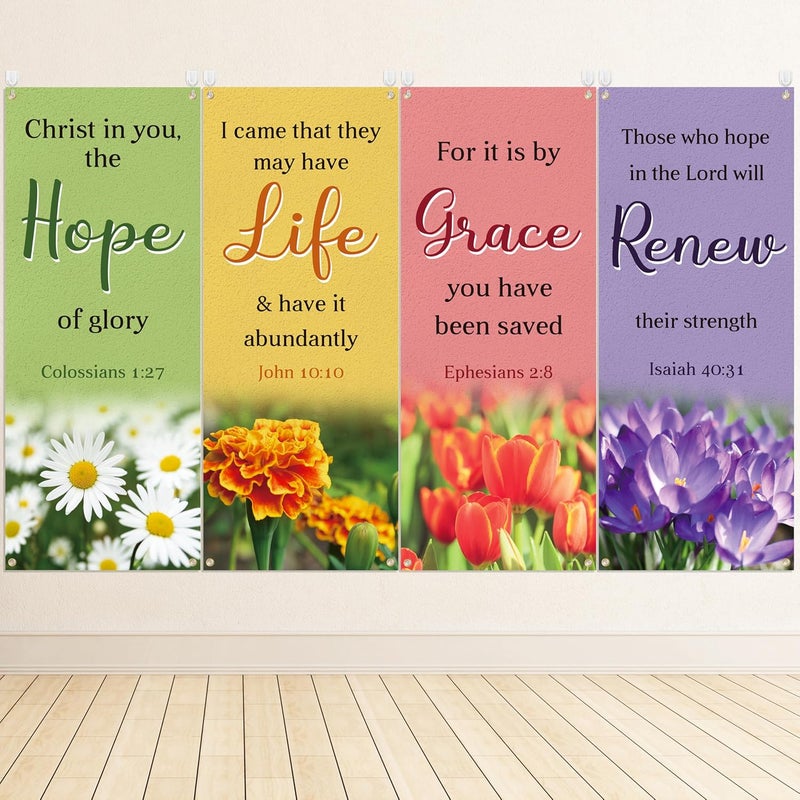 Yopyame Church Banners with Scripture - 4PCS Christian Banners for Home Decorations 24 x 59.4 Inch Vinyl Floral Pattern Religious Praise Churches Banner for Churches Sunday School Indoor Outdoor - Image 1